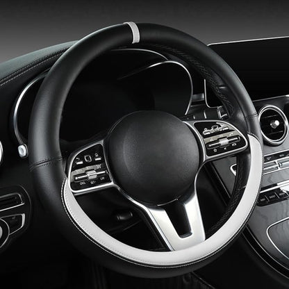 Morandi Color Steering Wheel Cover, Nappa Leather, Fashionable Sporty Style, Universal 15 inches,Black and White