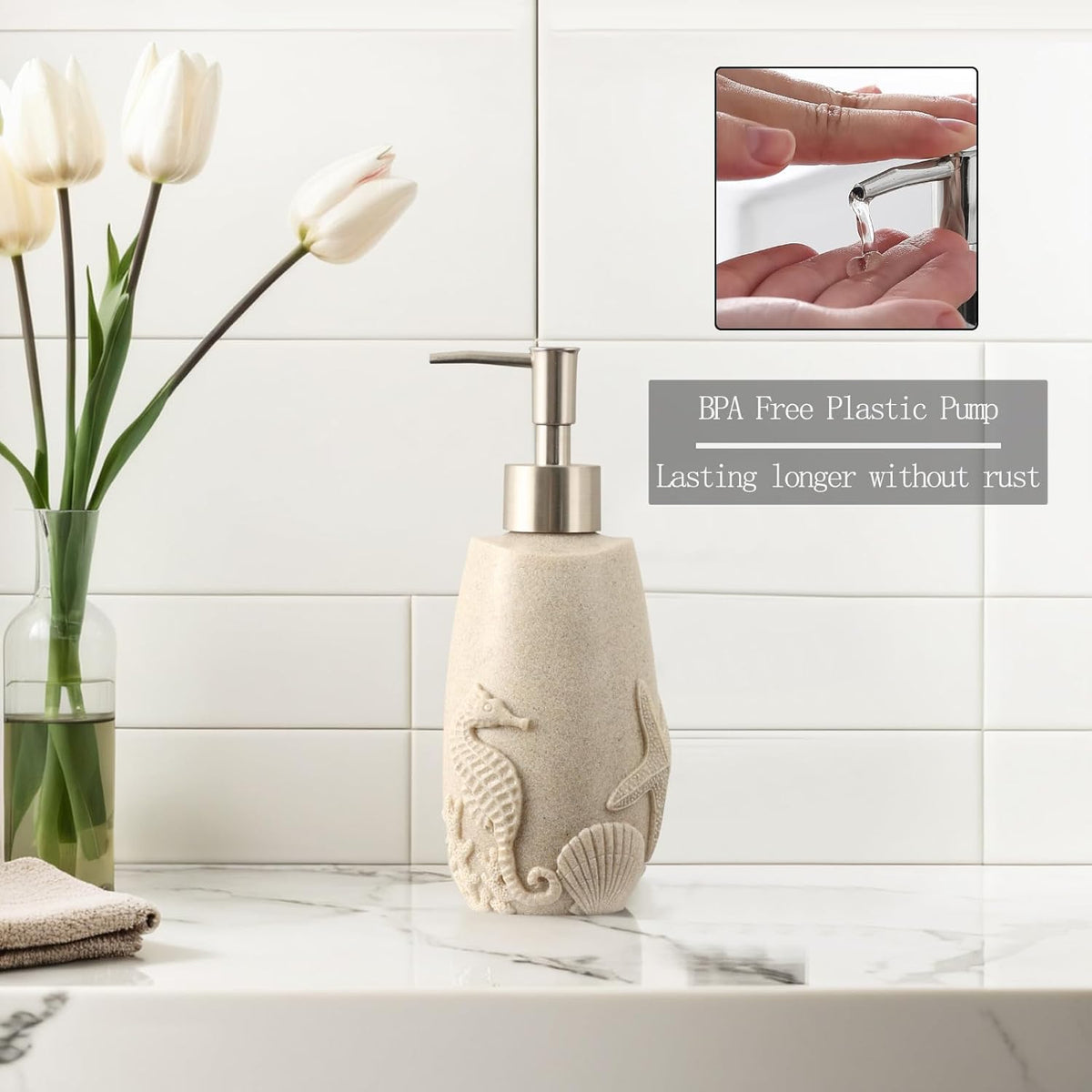Bathroom Accessories Set, 4 PCS Bathroom Accessory Sets with Soap Dispenser, Toothbrush Holder, Tumbler, Soap Dish, Bathroom Countertop Organizer, Sea Bathroom Decor (Beige)