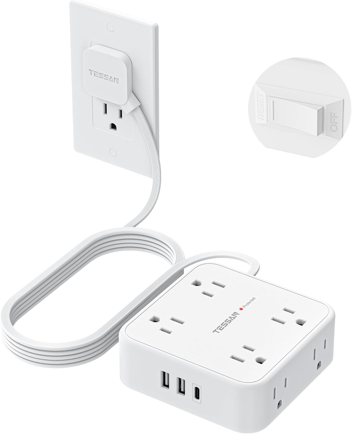 TESSAN 10 Ft Flat Plug Extension Cord with Multiple Outlets, Surge Protector Power Strip with 3 USB(1 USB C) 8 Outlets, 900J Protection, Desk Charging Station for Home, Dorm Room Essentials, White