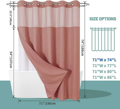 eachope Coral No Hook Waffle Weave Shower Curtain with snap-in Liner Replacement, 230GSM Waterproof Fabric Hotel Shower Curtain Set for Bathroom, Through Mesh Top Window,71Wx74H