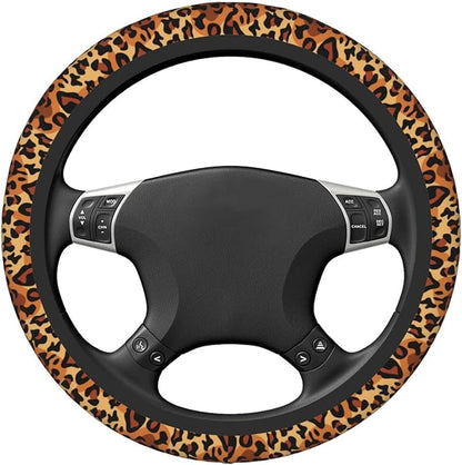 Leopard Print Steering Wheel Cover Women Men Elastic Stretch Soft Car Wheel Protector Universal Breathable No-Slip Car Accessories for Truck Van SUV Auto Fit 14-15 Inches