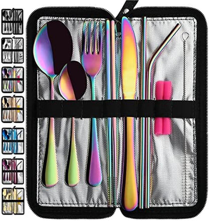 VANDBAO Camping Utensils Set, Portable Travel Utensils with Case for Fixing Tableware, Reusable Stainless Steel Stable Cutlery Set, Lunch Picnic Flatware Silverware (Rainbow Set)