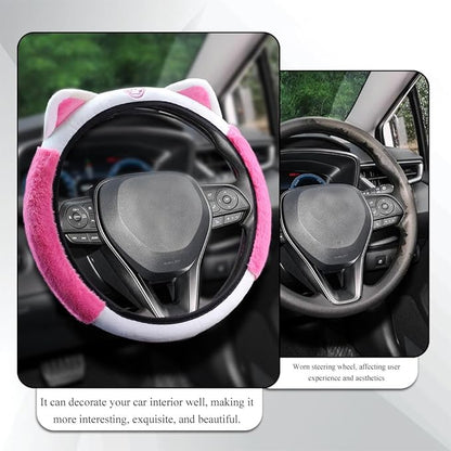 Car Steering Wheel Cover, 15 Inch Fluffy Soft Plush Auto Protector, Anti-Slip Elastic Lovely Car Cover Accessories with Kitty Cat Ears Universal for Most Vehicles (Fluffy-White+Rose Pink)