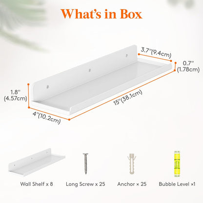 Lifewit Floating Shelves for Wall, 8 Pack White Acrylic Shelf 15" Room Decor for Bookcase/Vinyl Record Display/Photo/Picture in Bedroom, Living Room, Bathroom, Kitchen Storage and Organization