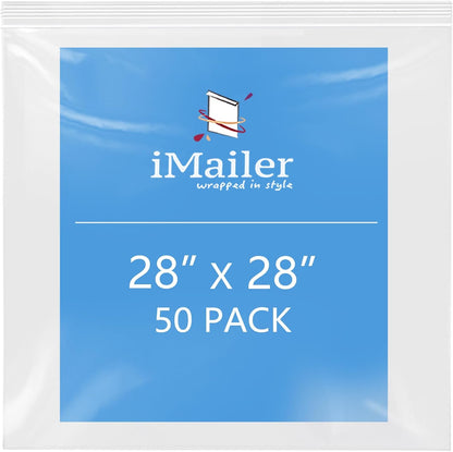 iMailer- 28" x 28" 50 Pack- 2 Mil Resealable Zip Bags- Clear Plastic Bags with Zip Top Lock for Storage, Organizing, Crafts, Travel