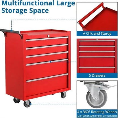 IDEALHOUSE Rolling Tool Chest, 5 Drawers Tool Storage Cabinet, Toolbox