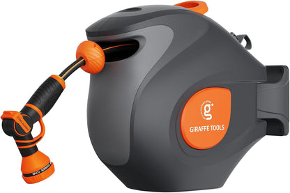 Giraffe Tools BW35 Retractable Garden Hose Reel | Wall-Mounted, Automatic Rewind, 100ft 1/2" Hose with 9-Pattern Spray Nozzle | Outdoor, Lawn, Garden & Car Cleaning Use