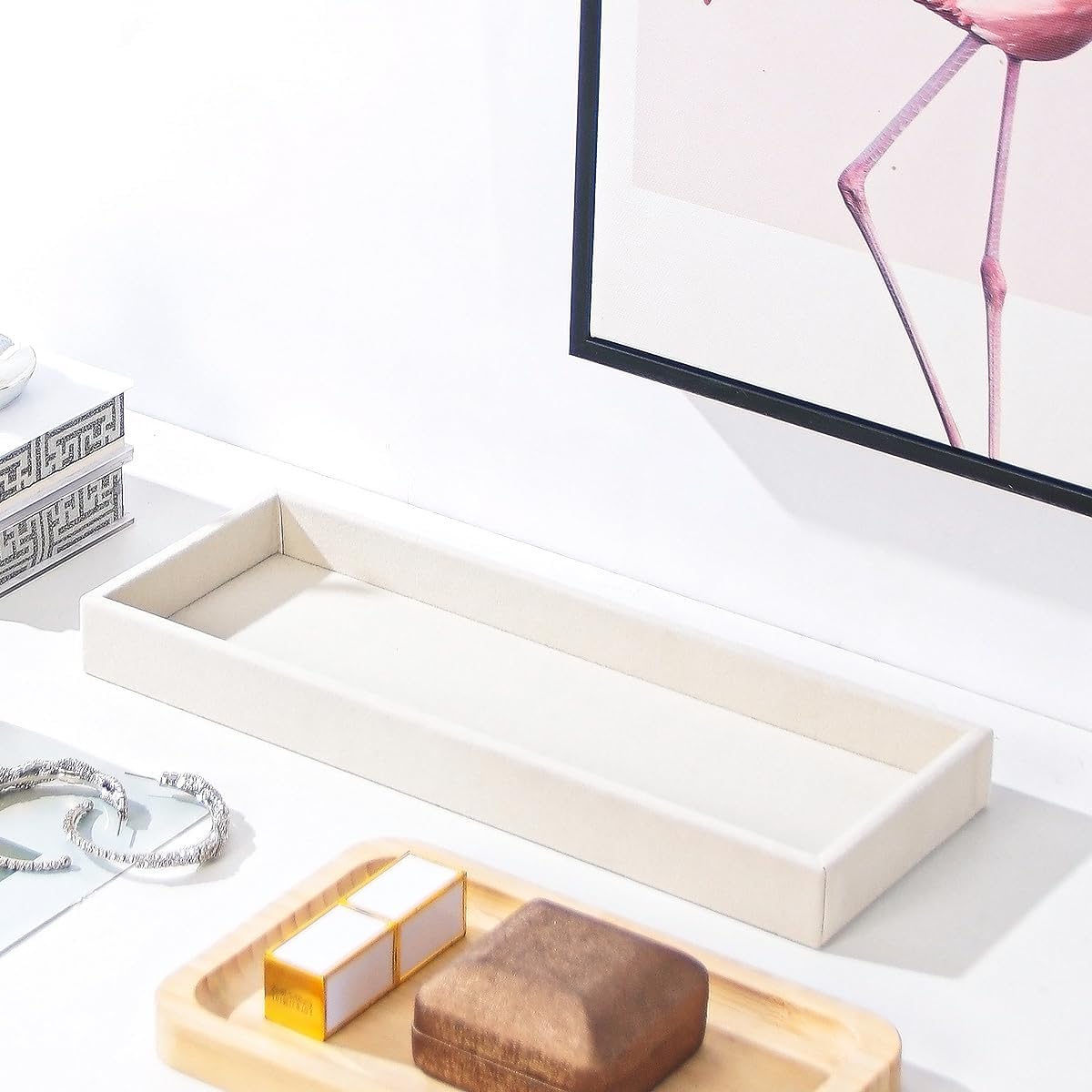 Divided Drawer Organizer Tray, Velvet Jewelry Storage Tray, Necklace Bracelet Ring Earring Display Tray,Bedside Nightstand Desk Holder Tray for Phone Watch Sunglasses Cosmetics Storage/Beige/1grid