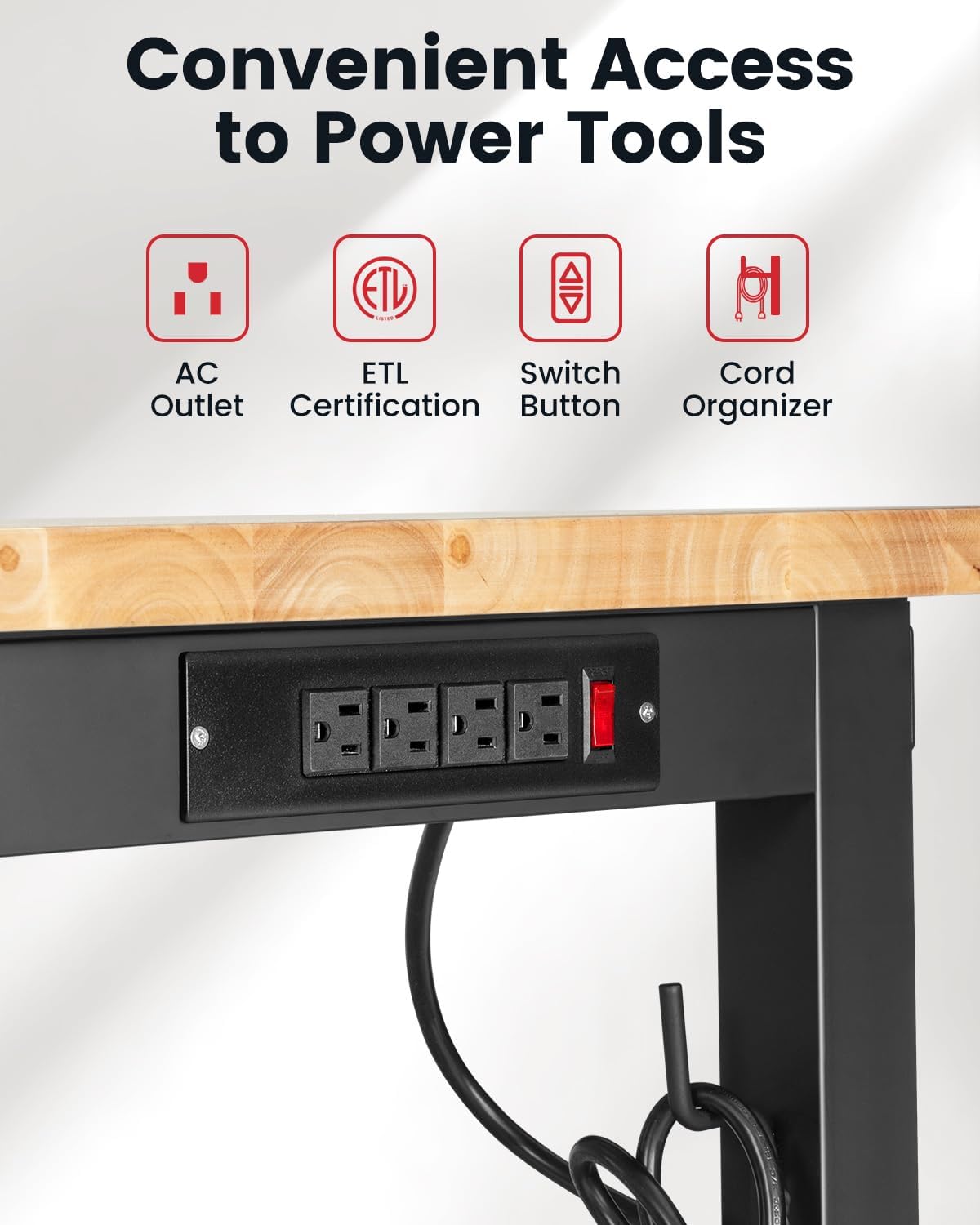 60 Inch Workbench for Garage Adjustable Height Work Bench with Pegboard Power Outlets Rubber Wood Tabletop Work Table for Cutting Wood Woodworking Shop Home Office Electronic