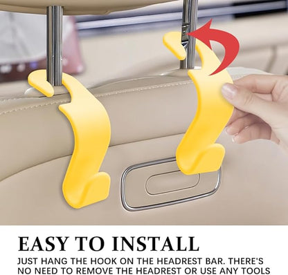 4PCS Car Seat Headrest Hooks, Purse Hook for Car, Auto Back Seat Organizer Storage Hanger Holder, Auto Accessories Multi-Use Portable Headrest Organizer Holder for Purse Handbag Coats (Yellow)