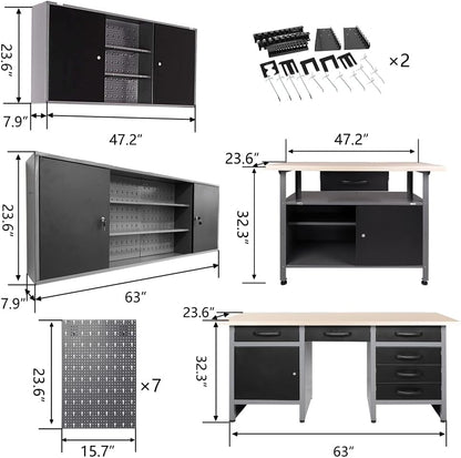 JZD Metal Storage Organization System, Wall Mount Tool Cabinets, Wood Tabletop, for Garage Basement