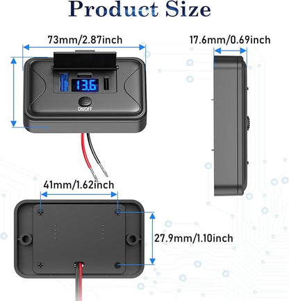 90W 12V USB Outlet Panel Wall Mount, Dual 36W USB C and QC 3.0 18W Car USB Port Charger with Voltmeter Button Switch, Waterproof 3 USB Multi Port Power Outlet DIY 12V Accessories for Car Bus RV Truck