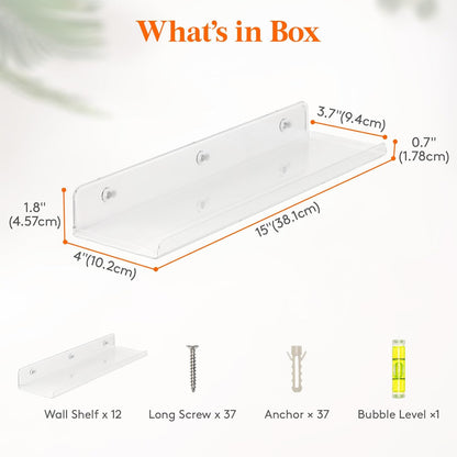 Lifewit Floating Shelves for Wall, 12 Pack Clear Acrylic Shelf 15" Room Decor for Bookcase/Vinyl Record Display/Photo/Picture in Bedroom, Living Room, Bathroom, Kitchen Storage and Organization
