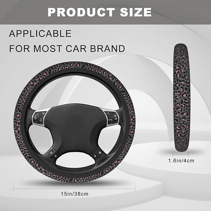 Pink Black Leopard Cheetah Print Steering Wheel Cover, Cute Anti-Slip Breathable Car Accessories Interior Elastic Steering Wheel Cover for Women Fit Auto, SUV Vans Truck Universal 14.5-15 Inch