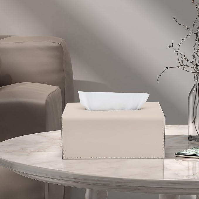 Tissue Box Cover, PU Leather Rectangular Tissue Box Holder with Magnetic Bottom Cover for Facial Tissues/Napkins, Office & Living Room Decor Box for Standard 120-count (3-Ply) 160-count (2-Ply) Beige