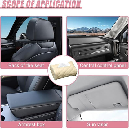 Car Tissue Holder, Soft PU Leather Auto Backseat Napkin Holder, Rectangle Hanging Tissue Box for 100-150 Standard Tissues, Universal Car Interior Storage & Organization Accessories (Beige)
