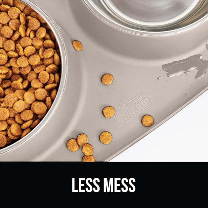 GORILLA GRIP Feeding Mat Set, 4 Cup, Patent Pending 100% Waterproof BPA Free Silicone, Stainless Steel Cat and Dog Bowls, Slip Resistant, High Edges Catch Water Food, US Designed Pet Accessories Beige