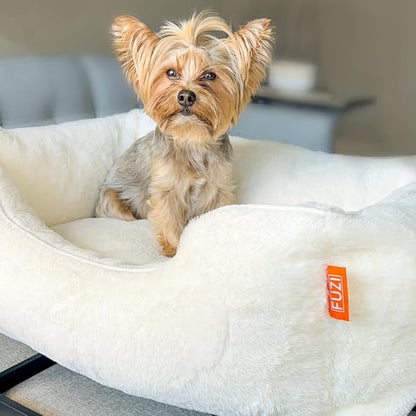 FUZI Elevated Dog Bed Small, Luxury Raised Dog Beds, Removable and Machine Washable Bed Cover, Indoor/Outdoor Orthopedic Pet Bed, Small 25.1x16.75x18 Soft White & Dark Brown Base