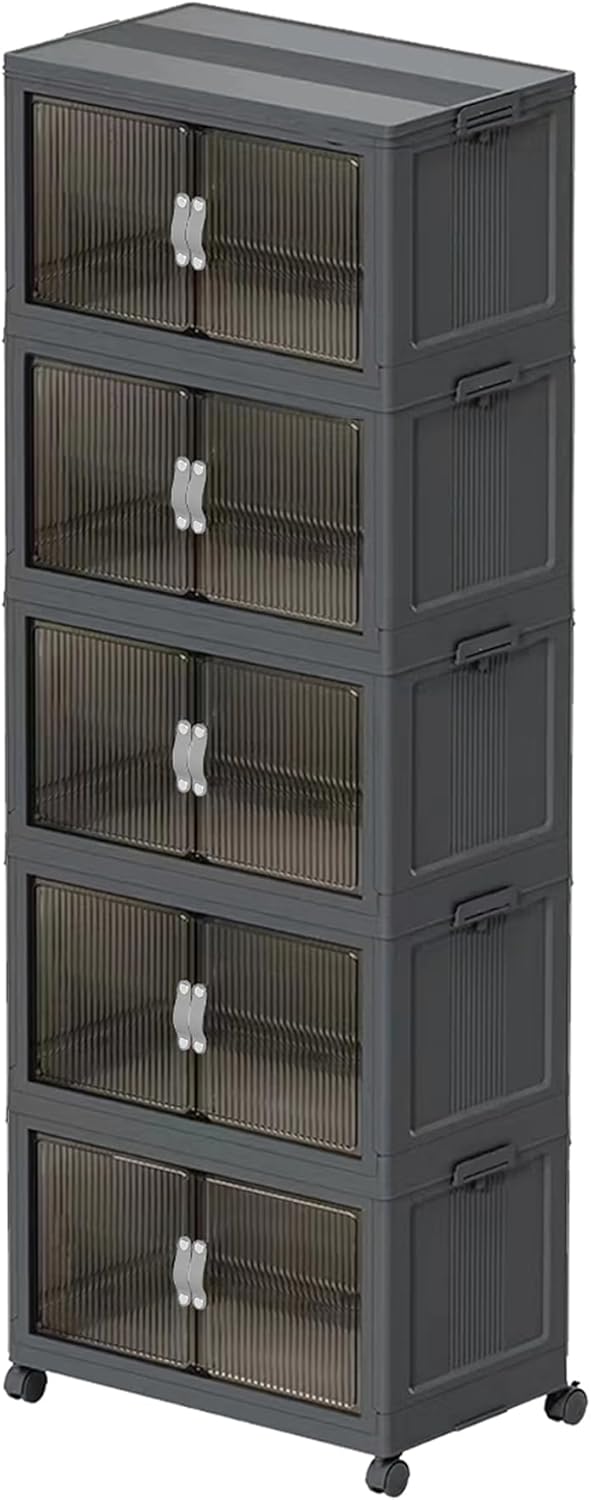 Stackable Storage Bins, Collapsible Plastic Container Bins with Lid & Wheel, Closet Organizer Foldable Cabinet with Door, Folding Storage Boxes for Home, Pantry, Office (M, Gray 5-Tier)