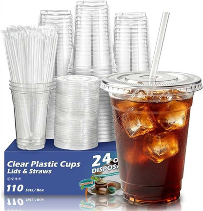 110 Pack 24 oz Disposable Clear Plastic Cups with Lids and Straws