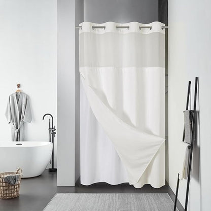 eachope Stall Cream No Hook Waffle Weave Shower Curtain with snap-in Liner Replacement, 230GSM Waterproof Fabric Hotel Shower Curtain Set for Bathroom, Through Mesh Top Window,54Wx80H