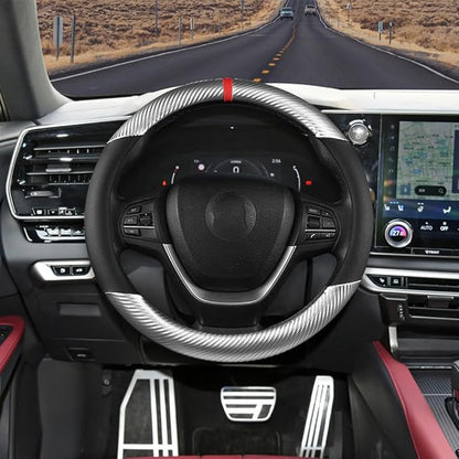 Carbon Fiber Car Steering Wheel Cover, Universal 15 inch Breathable Anti Slip Steering Wheel Covers, Car Interior Accessories for Men and Women, Fit for Most Vehicles (Black/Silver)