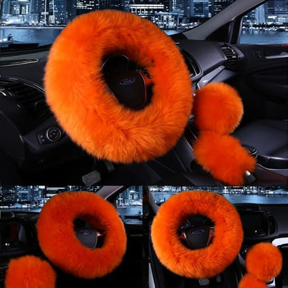 15inches Universal Leather Car Steering Wheel Cover Car Accessories Colorful Fuzzy Steering Wheel Cover Gear Shift Cover Handbrake Cover (Orange)