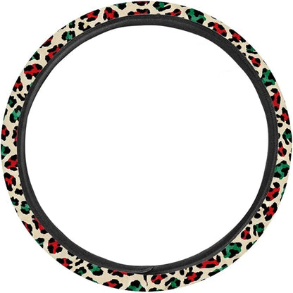 Universal Non-Slip Steering Wheel Cover, 15-inch Polyester Material Driving Accessories, Adjustable for Car and Truck(Artistic Red Green Leopard)