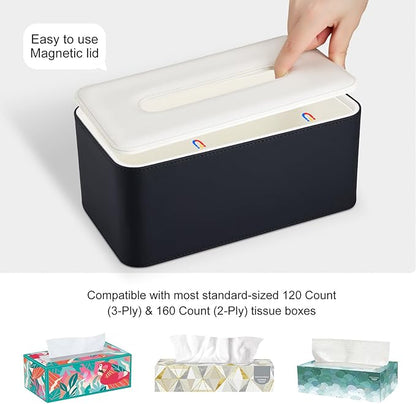 KINGFOM Tissue Box Cover, PU Leather Tissue Box Holder Rectangular, Modern Facial Tissue Paper Napkin Dispenser for Bathroom, Home, Office, Car Automotive Decoration with Magnetic Lid Black