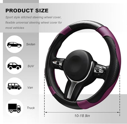 Car Steering Wheel Cover, 15 Inch Carbon Fiber Elastic Vehicle Steering Wheel Protector, Breathable Leather Auto Wheel Covers for Women Men, Interior Car Accessories (Black & Purple)