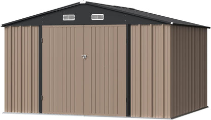 Furniwell 10x8 FT Outdoor Storage Shed, Metal Garden Sheds Outdoor Storage House with Single Lockable Door for Backyard Patio Lawn, Brown