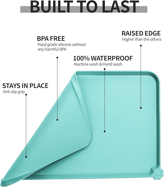 Reopet Waterproof Pet Feeding Mat with High Raised Edges, Heavier and Thicker Placemats for Cat Dog Water Bowl with BPA Free, Dogs Cats Food Mats for Messy Drinkers to Prevent Spill and Protect Floors