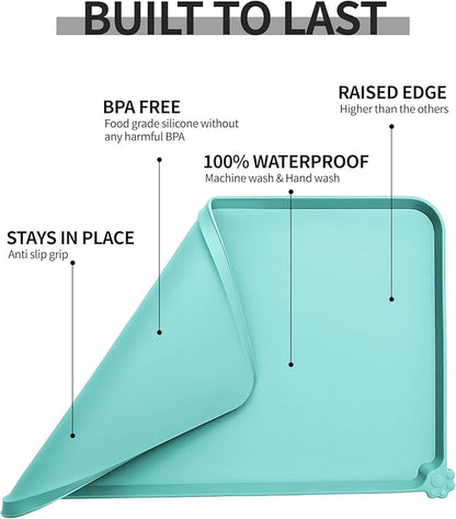 Reopet Waterproof Pet Feeding Mat with High Raised Edges, Heavier and Thicker Placemats for Cat Dog Water Bowl with BPA Free, Dogs Cats Food Mats for Messy Drinkers to Prevent Spill and Protect Floors
