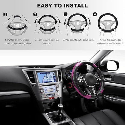Car Steering Wheel Cover, 15 Inch Carbon Fiber Elastic Vehicle Steering Wheel Protector, Breathable Leather Auto Wheel Covers for Women Men, Interior Car Accessories (Black & Purple)