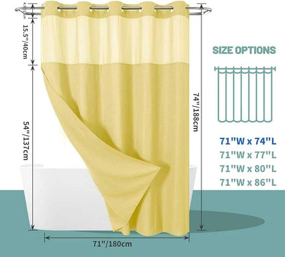 eachope Yellow No Hook Waffle Weave Shower Curtain with snap-in Liner Replacement, 230GSM Waterproof Fabric Hotel Shower Curtain Set for Bathroom, Through Mesh Top Window,71Wx74H