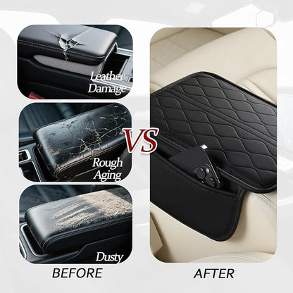 HZEL Car Center Console Cover, Scratch & Wear Resistant Soft Leather Vehicle Armrest Seat Box Cushion Pad with 2 Storage Bag, Waterproof Automotive Interior Protector, Universal Fit (Black)