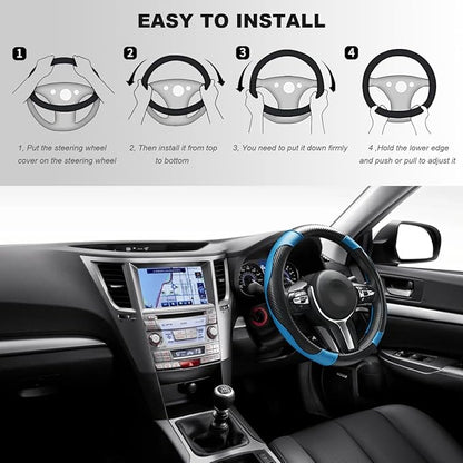 Car Steering Wheel Cover, 15 Inch Carbon Fiber Elastic Vehicle Steering Wheel Protector, Breathable Leather Auto Wheel Covers for Women Men, Interior Car Accessories (Black & Blue)