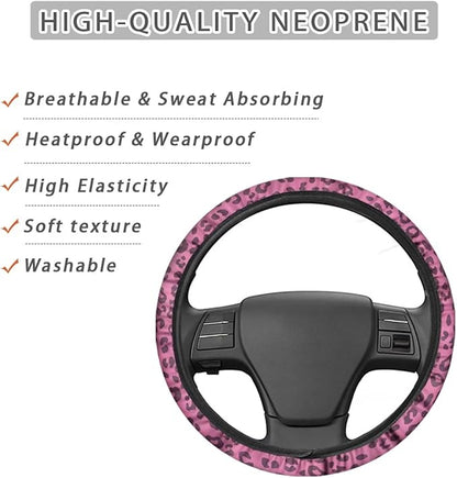 Universal Non-Slip Steering Wheel Cover, 15-inch Polyester Material Driving Accessories, Adjustable for Car and Truck(Rose Pink Leopard)