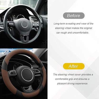 HZEL Car Steering Wheel Cover, 15 Inch PU Leather Breathable Anti-Slip Vehicle Steering Wheel Protecter with Inner Ring, Automotive Interior Accessories, Universal for SUV Sedan Truck (Coffee)