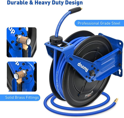 Ruvup Retractable Air Hose Reel, 3/8" x 75ft Air Compressor Hose Reel Auto Rewind Hybrid Hose Max 300PSI with 6.5ft Lead Hose Heavy Duty Steel Double Arm with 12-Position Ratchet Lock