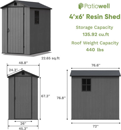 Patiowell 4' x 6' Outdoor Storage Shed with Floor, Plastic Shed Outside Resin Tool Shed with Window and Lockable Door for Backyard Garden Patio Lawn, Dark Grey (Fit-it Shed)