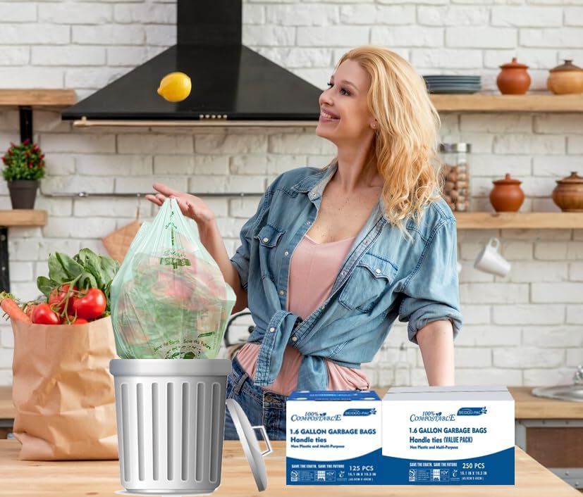 BEIDOU-PAC 1.6 Gallon Certified Compostable Trash Bags with Handle, 125 Count Small Compost Kitchen Garbage Bags, Food Scrap Waste Bags for Countertop Bin, Meets ASTM D6400 US BPI Certified