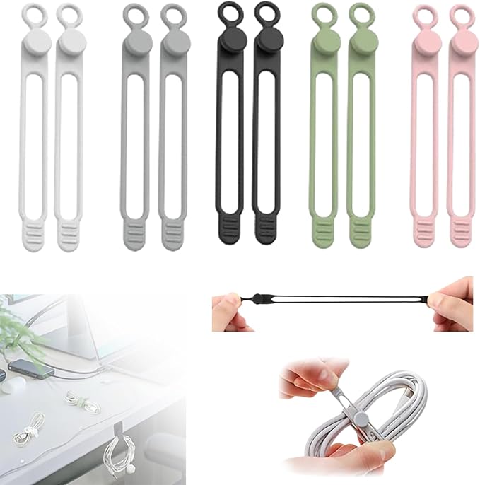 Silicone Cable Ties, Data Cable Organizer, Reusable Cable Management, Multipurpose Elastic Cord Organizer, 5 Colors, 10 Pack