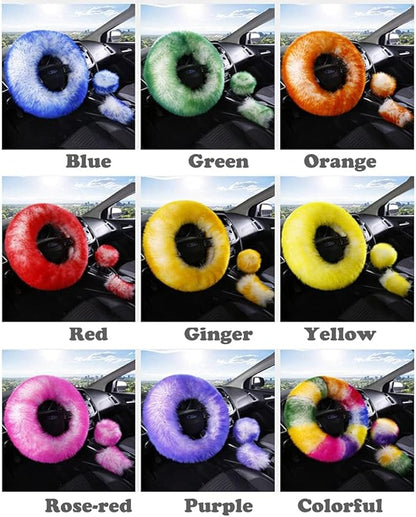 15inches Universal Leather Car Steering Wheel Cover Car Accessories Colorful Fuzzy Steering Wheel Cover Gear Shift Cover Handbrake Cover (Black)