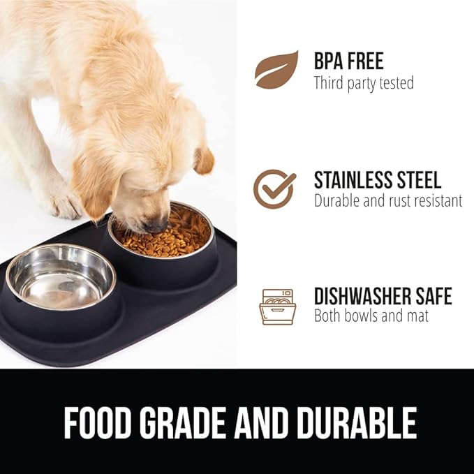 GORILLA GRIP Feeding Mat Set, Patent Pending 100% Waterproof BPA Free Silicone, Stainless Steel Cat and Dog Bowls, Slip Resistant, High Edges Catch Water Food, US Designed Pet Accessories, 1 Cup Black