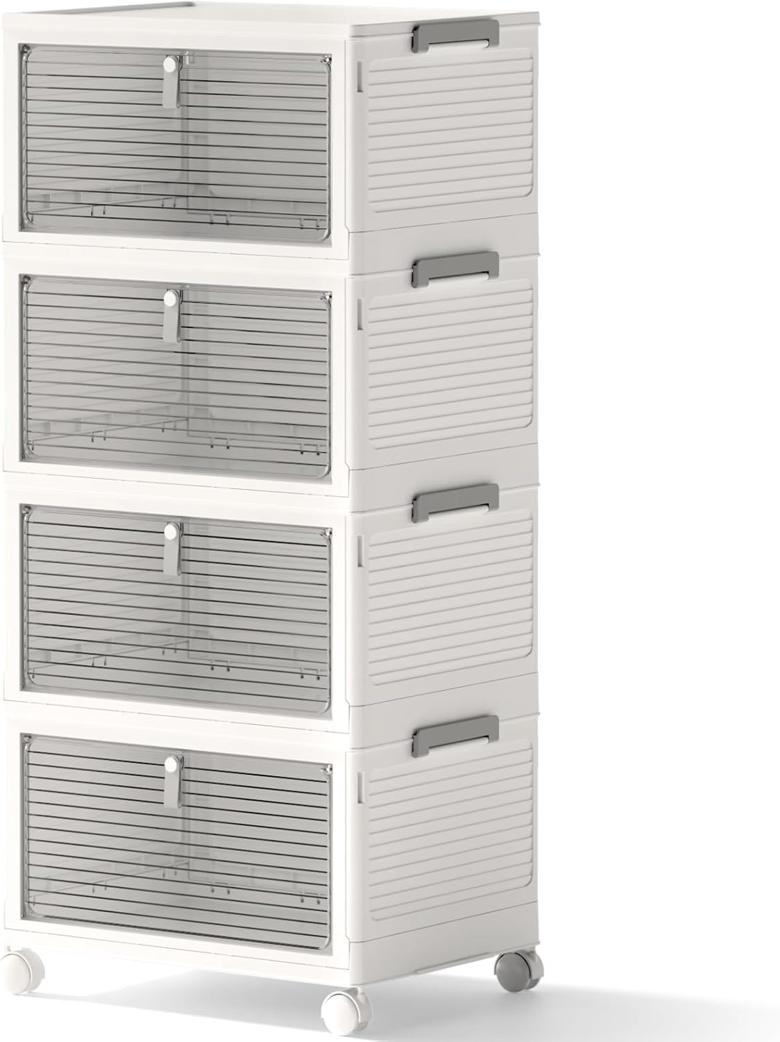 Storage Bins with Lids,4 Tier Stackable Storage Bins with Drawers,4 Pack Collapsible Plastic Storage Boxes with Wheel-1 Lid,23QT Foldable Containers for Closet Living Room Bedroom Office.