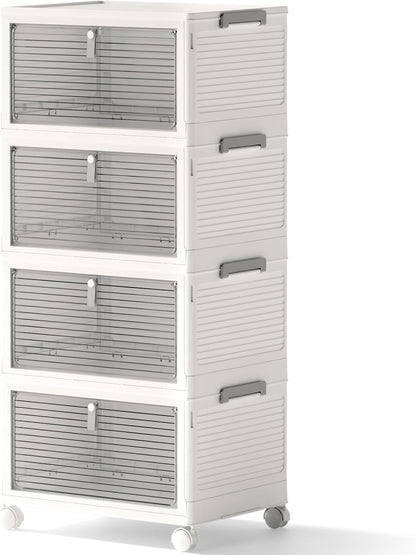 Storage Bins with Lids,4 Tier Stackable Storage Bins with Drawers,4 Pack Collapsible Plastic Storage Boxes with Wheel-1 Lid,23QT Foldable Containers for Closet Living Room Bedroom Office.