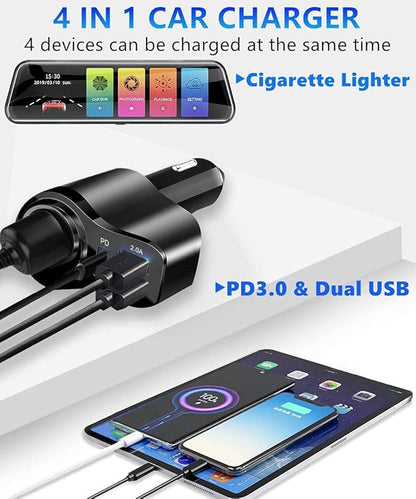4 in 1 USB C Car Charger, 168W Multi USB Cigarette Lighter Adapter, Socket Splitter with 3 USB Ports, 12V/24V Dual USB Type C PD Fast Car Charger Adapter for iPhone 17/Air/16/15 Pro Max iPad GPS