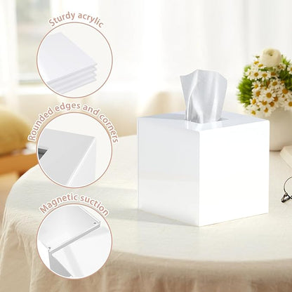 Tissue Box Cover Square, Modern Acrylic Tissues Holder, Facial Tissue Holder, Modern Tissue Dispenser for Bathroom Vanity Bedroom Office, Shiny White