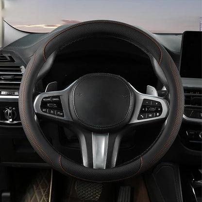 HZEL Car Steering Wheel Cover, 15 Inch Leather Comfortable Vehicle Steering Wheel Protector with Inner Rring, Anti-Slip Automotive Interior Accessories, Universal for SUV RV Truck (Black/Orange)